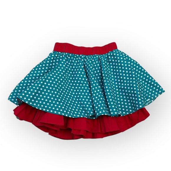 Sweet Charlotte Teal and white polka dot skirt with Red ruffle, lined - Picture 1 of 10
